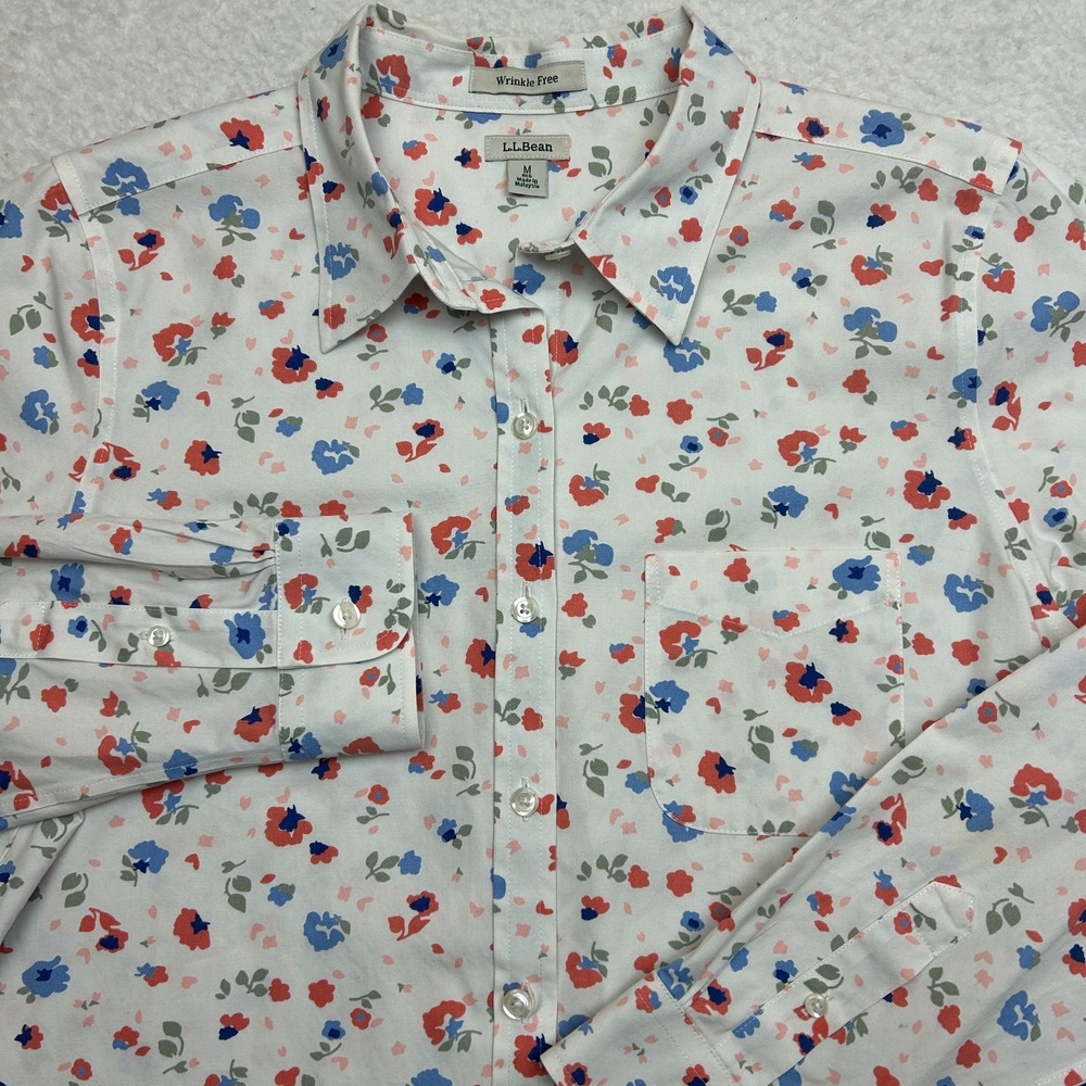 LL Bean Top Shirt Womens Medium Floral Wrinkle Free Resistant Button Up Long Slv